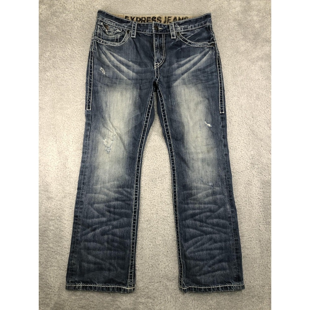 Express Jeans Men 35x30 (Tag 34x30) Blue Rocco Slim Fit Boot Low Rise Distressed